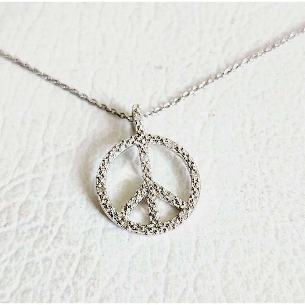 925 Sterling Silver CZ Peace Sign Round Pendant Necklace With 18" Chain